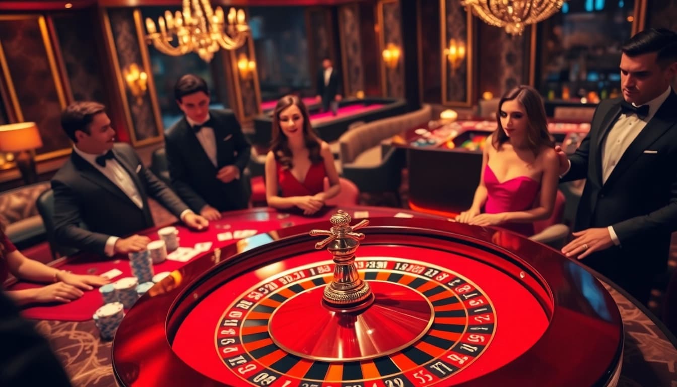 Exciting casino scene featuring players at a roulette table, embodying the thrill of RR 88 gambling.