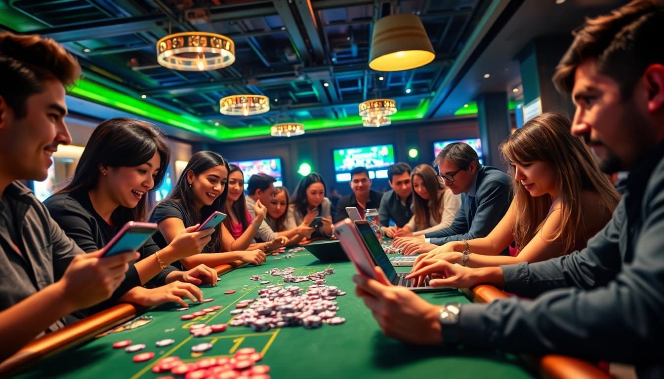 Engaging online gaming scene showcasing players interacting with onew88.com on various devices, set in a vibrant casino atmosphere.