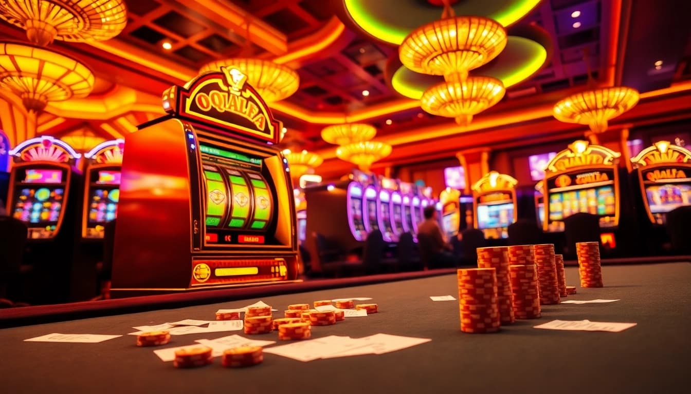 Experience the excitement of qqalfa with vibrant casino scenes featuring spinning slot machines and colorful chips.