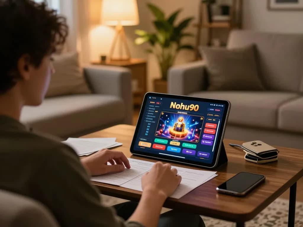 Engaged player enjoying Nohu90 online gaming on tablet, surrounded by strategy notes and coffee
