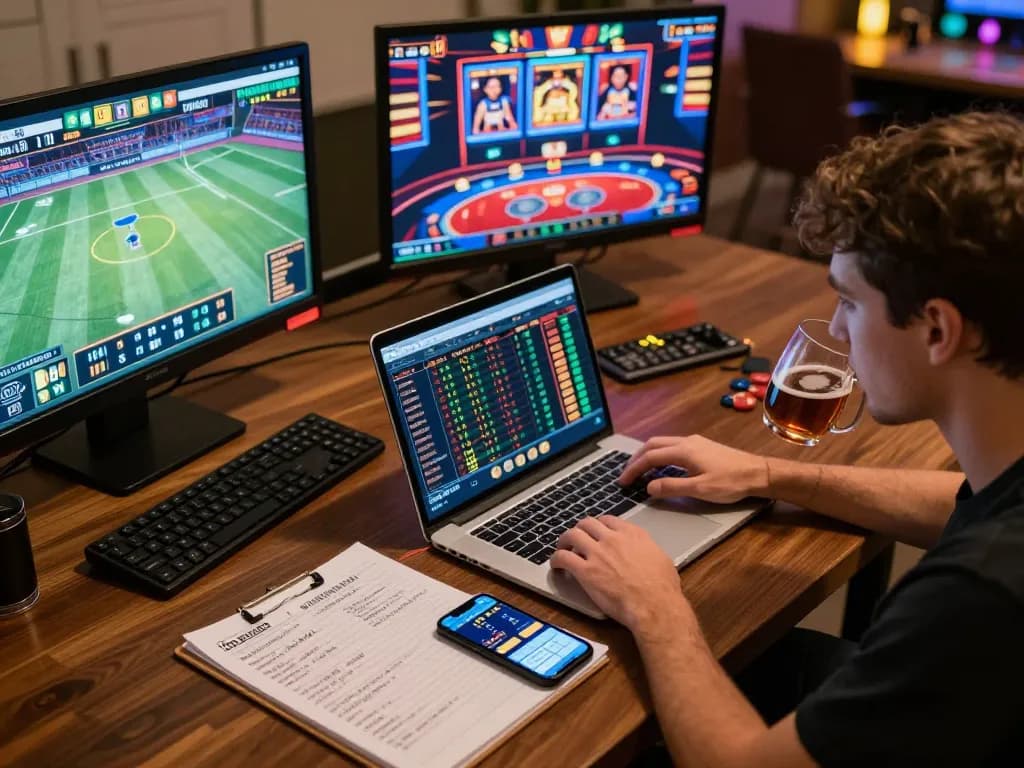 Player analyzing bets at home with keonhacaii88 app on laptop, creating strategic online gambling atmosphere.