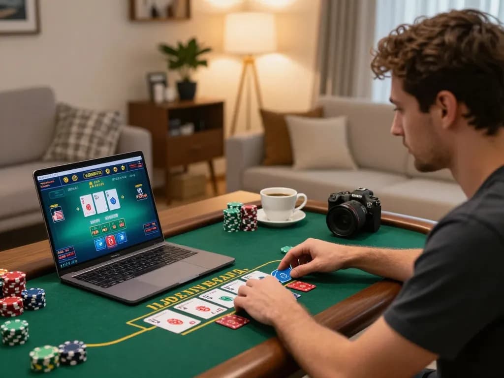 Player enjoying strategic blackjack gameplay on their laptop at home, experiencing 79king's dynamic gaming atmosphere.