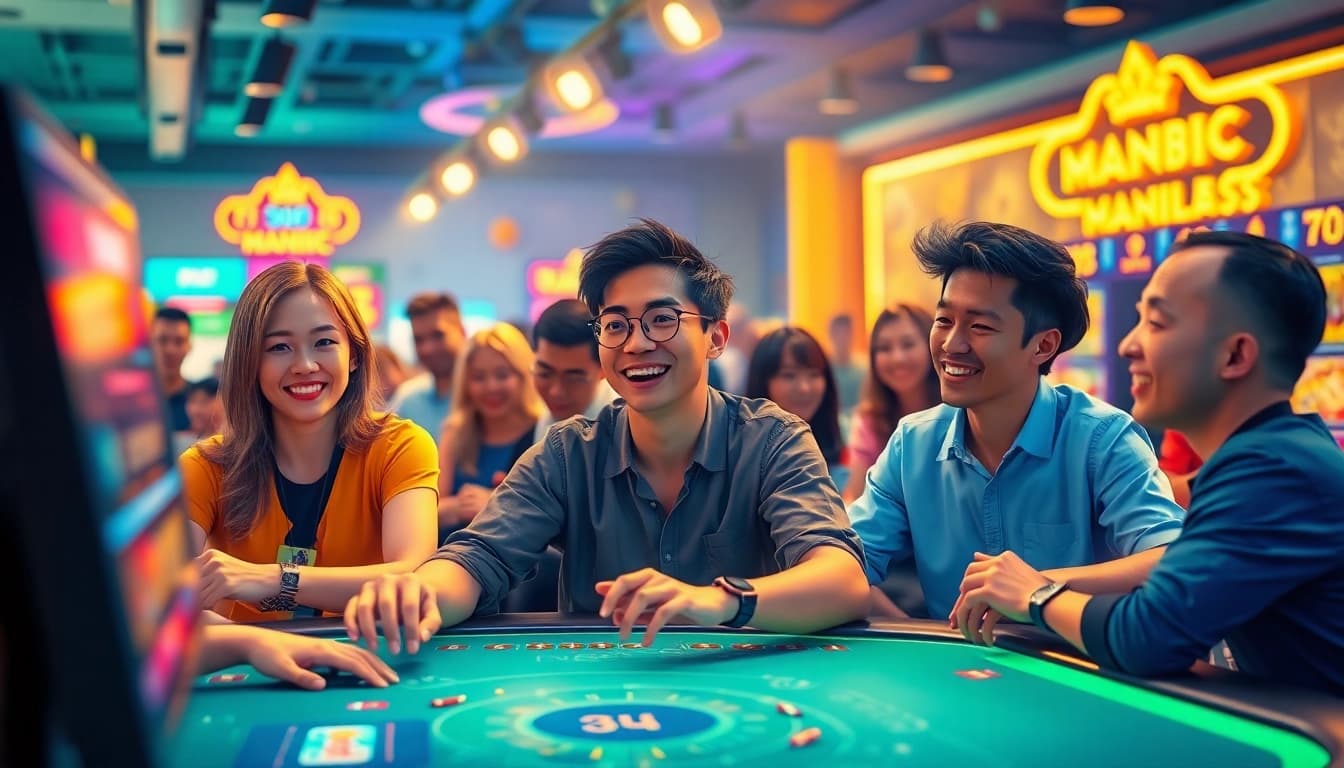 Man88 online gambling scene showcasing players engaged in exciting games, highlighting a vibrant casino atmosphere.