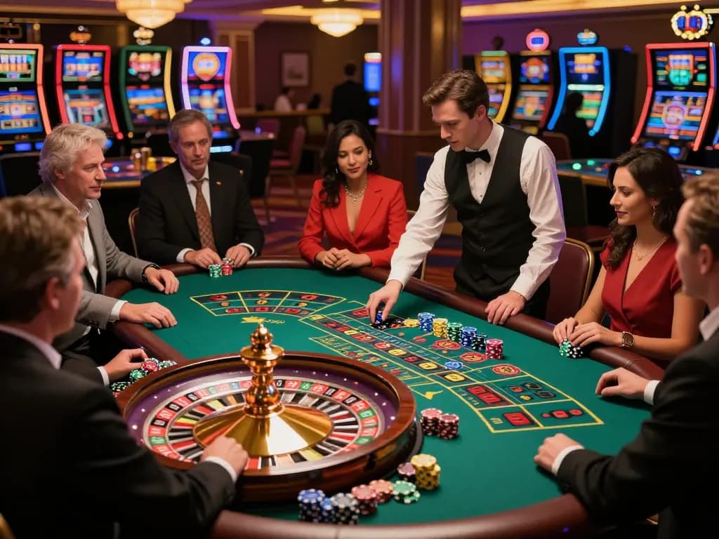 Xo88 players enjoying a live roulette game at a casino table with vibrant atmosphere.