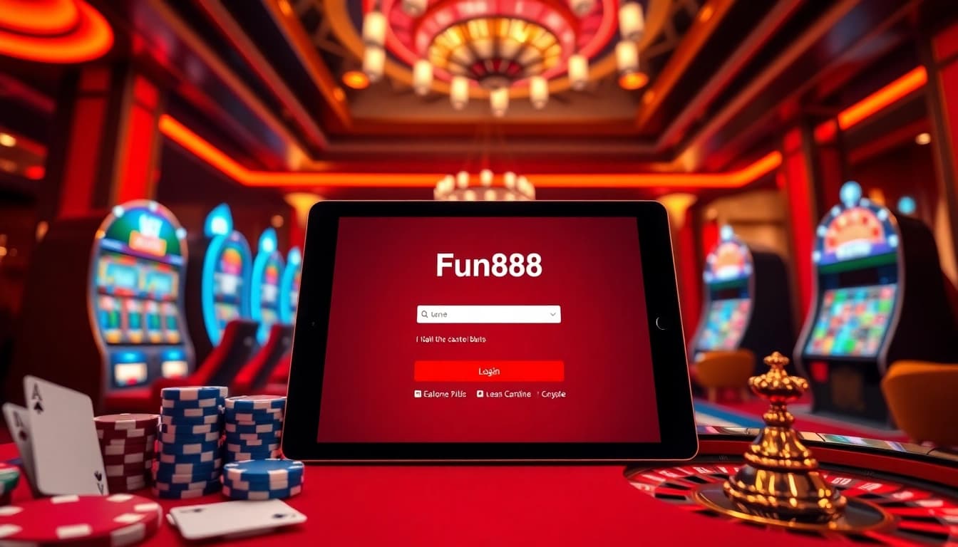 Exciting Fun88 login interface displayed on a tablet amidst luxurious casino elements.