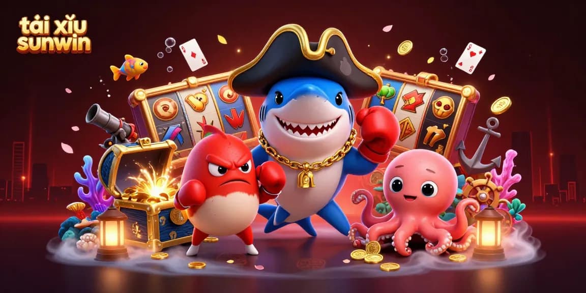 Experience the thrill of tài xỉu sunwin in a colorful casino scene with a pirate shark, pufferfish, and playful octopus.