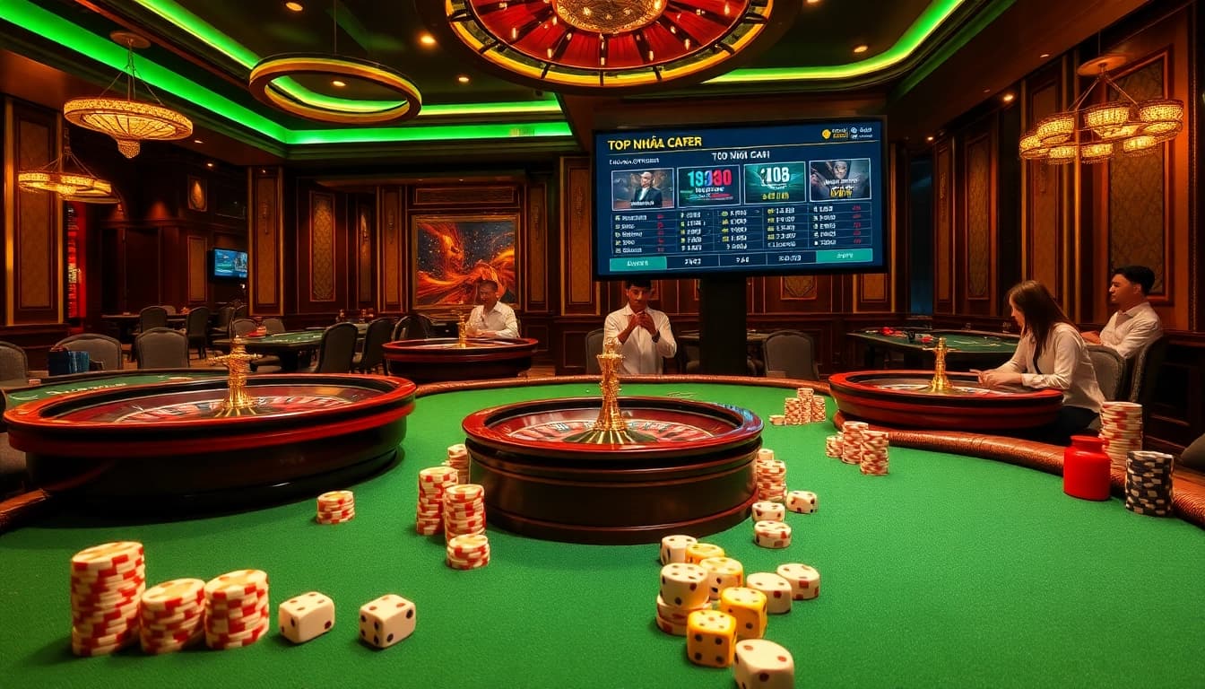 Experience the thrill of top nhà cái gambling at a luxurious casino table with poker players and colorful chips.