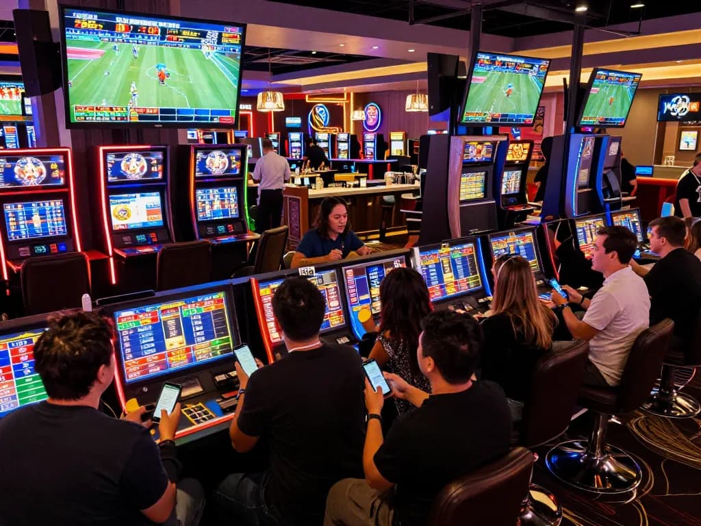 Sports fans engaging with 7mcn betting app in a lively casino environment.