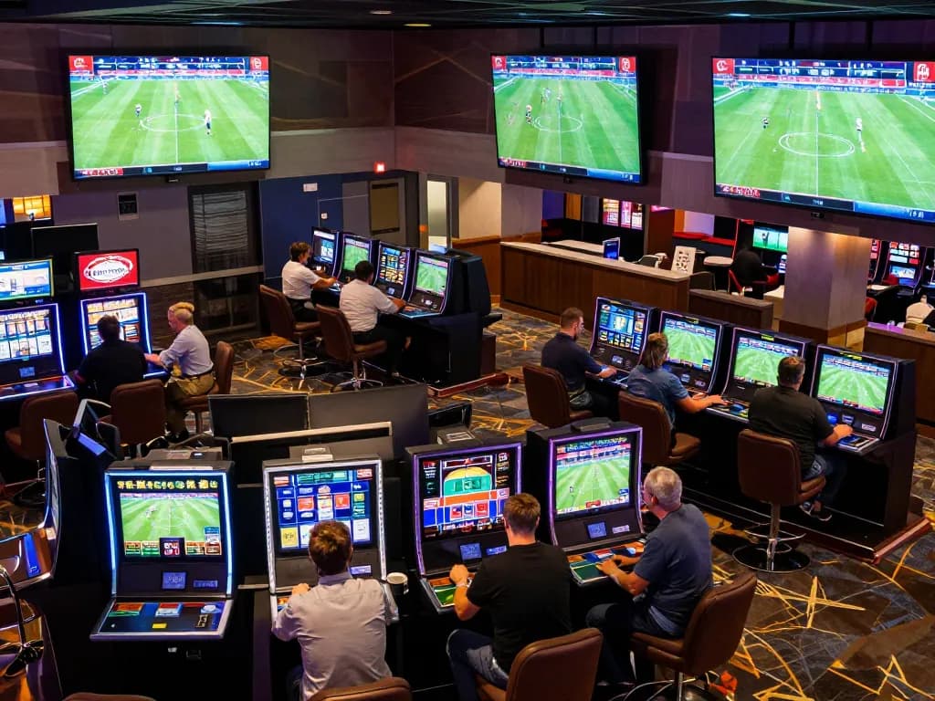Socolive fans engaging in sports betting at a lively casino, surrounded by screens streaming football matches.