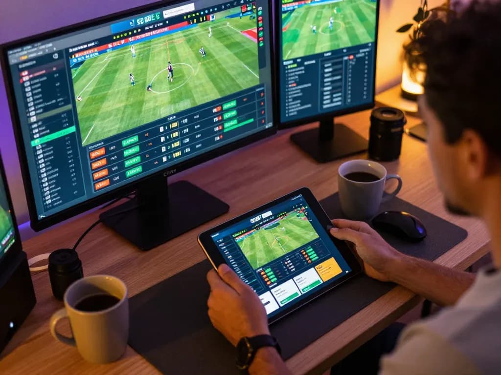 Person engaging with SHBET's online sports betting platform on tablet amid vibrant home office.