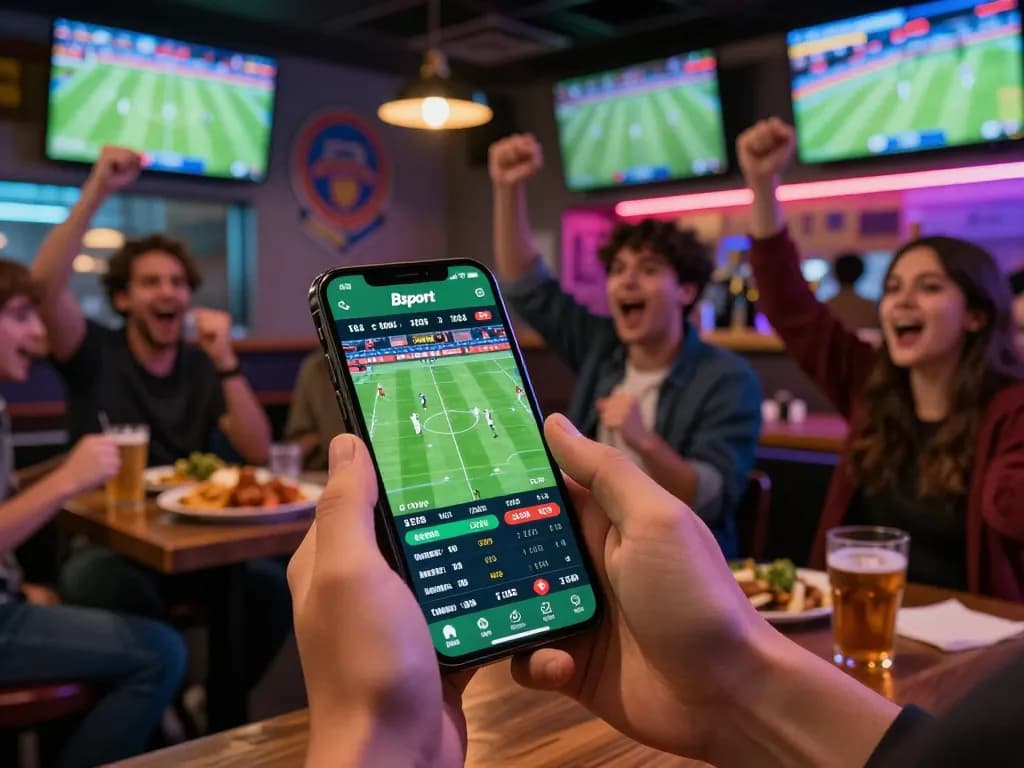 Person using Bsport app for live sports betting in a lively bar, displaying exciting match odds.