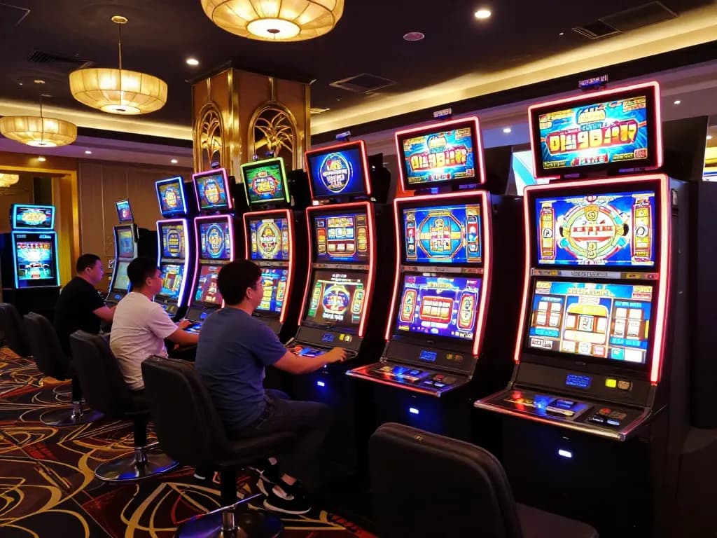 Players enjoying vibrant slot machines at iwin press with dynamic lighting and luxurious casino decor