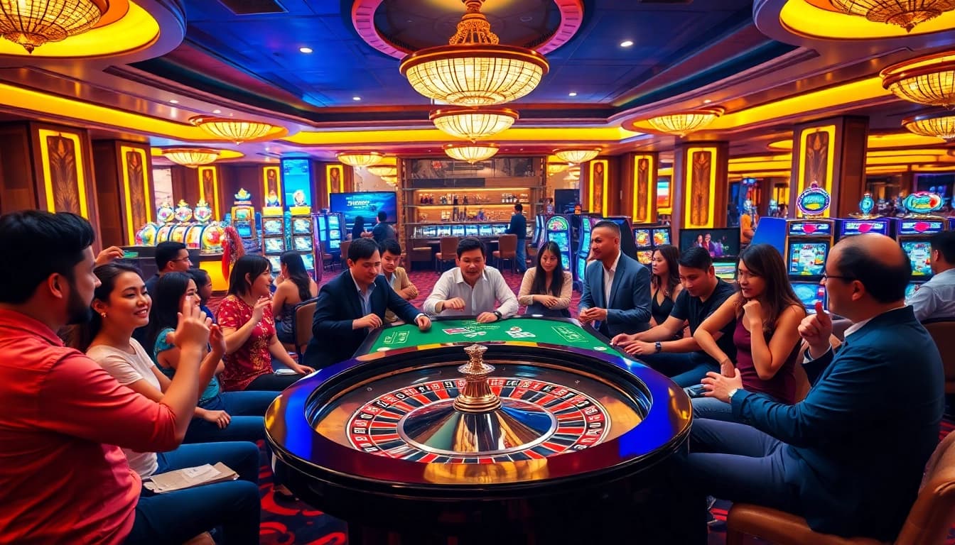 Experience the thrilling atmosphere of Nhà cái TG88 in an elegant casino setting with vibrant slot machines and roulette.