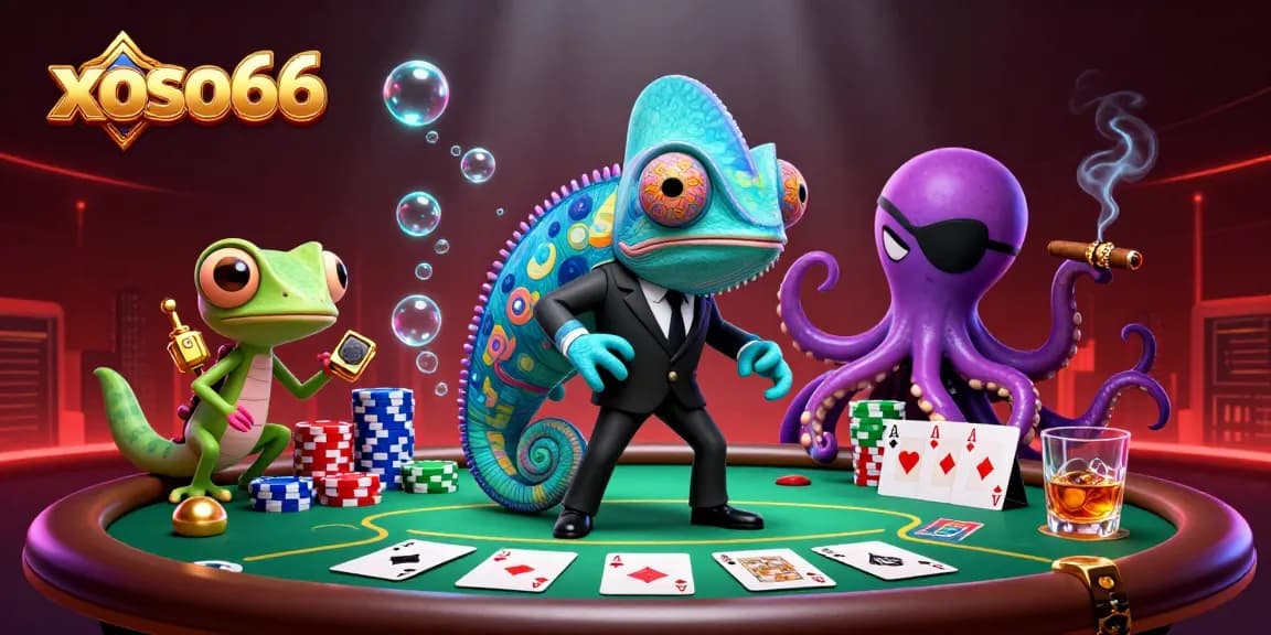 Engage with xoso66 in a vibrant online gambling experience surrounded by poker elements and dynamic characters.