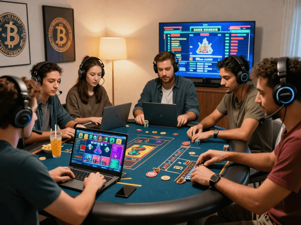 Engaging scene at a crypto casino with friends playing and enjoying vibrant digital games