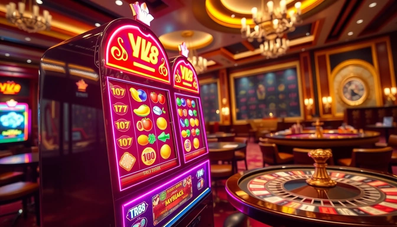 Spin the reels of nổ hũ TR88 at an upscale casino, vibrant colors and excitement.