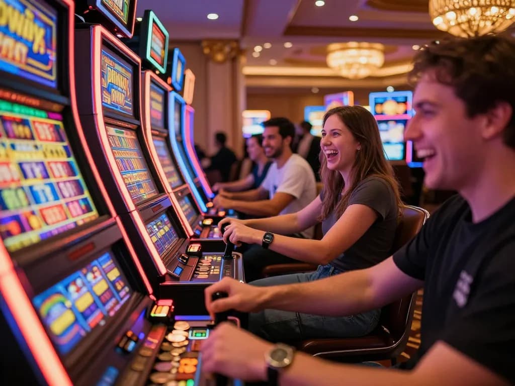 MM88 slot machine players celebrating a win in a lively casino environment
