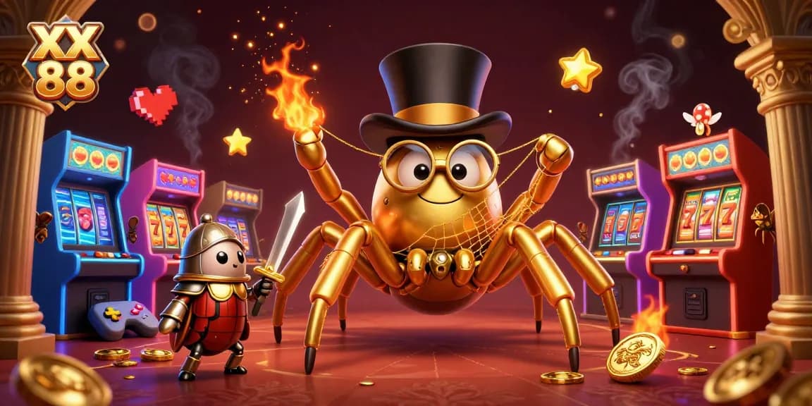Engage with XX 88 as a golden tarantula weaves casino magic in a vibrant 3D rendering.
