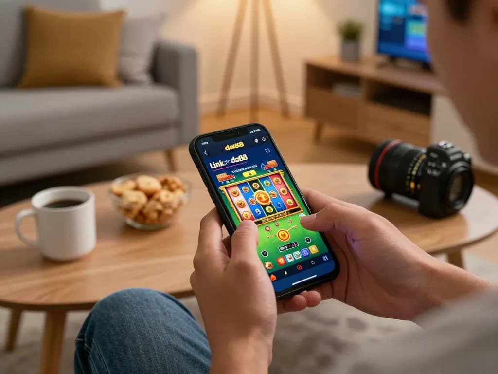Engaging Link truy cập da88 app gaming with vibrant slot game on smartphone, cozy home setting highlighted