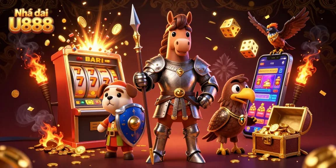 Engage with the excitement of Nhà cái U888 through a vibrant casino-themed illustration featuring medieval characters and jackpots.