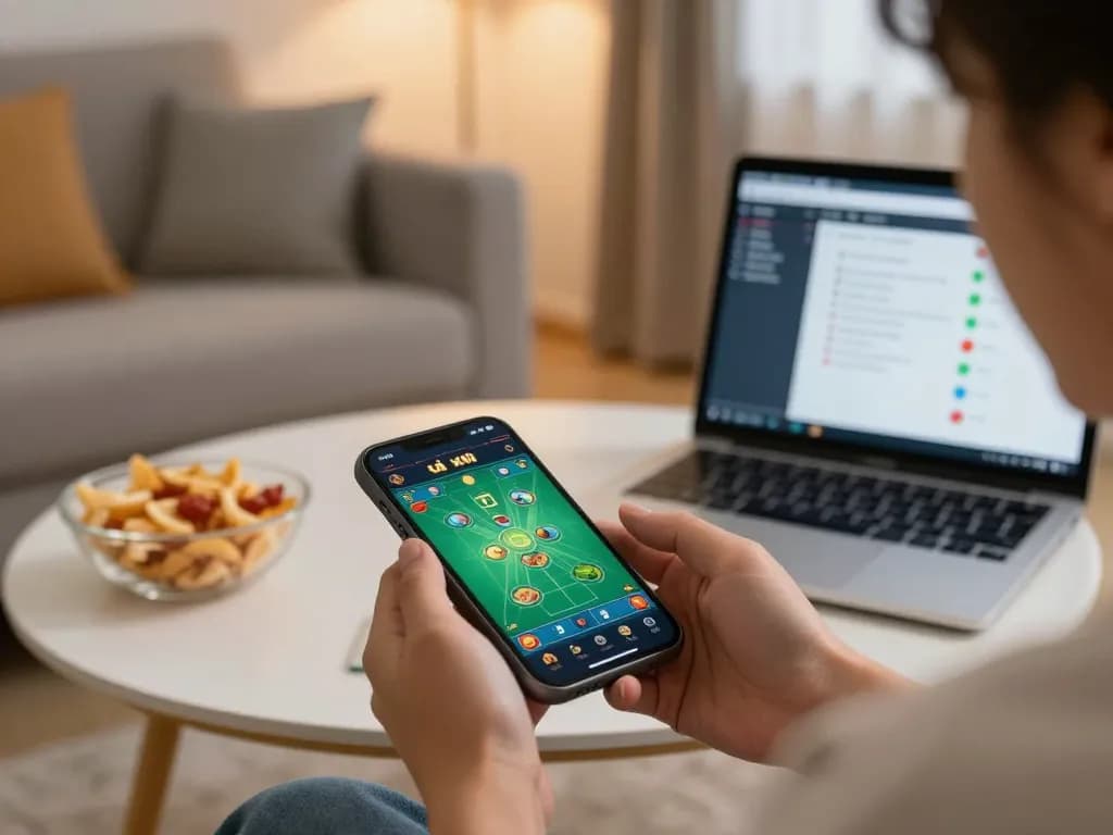 Engaging in tài xỉu online on smartphone in a cozy home atmosphere.