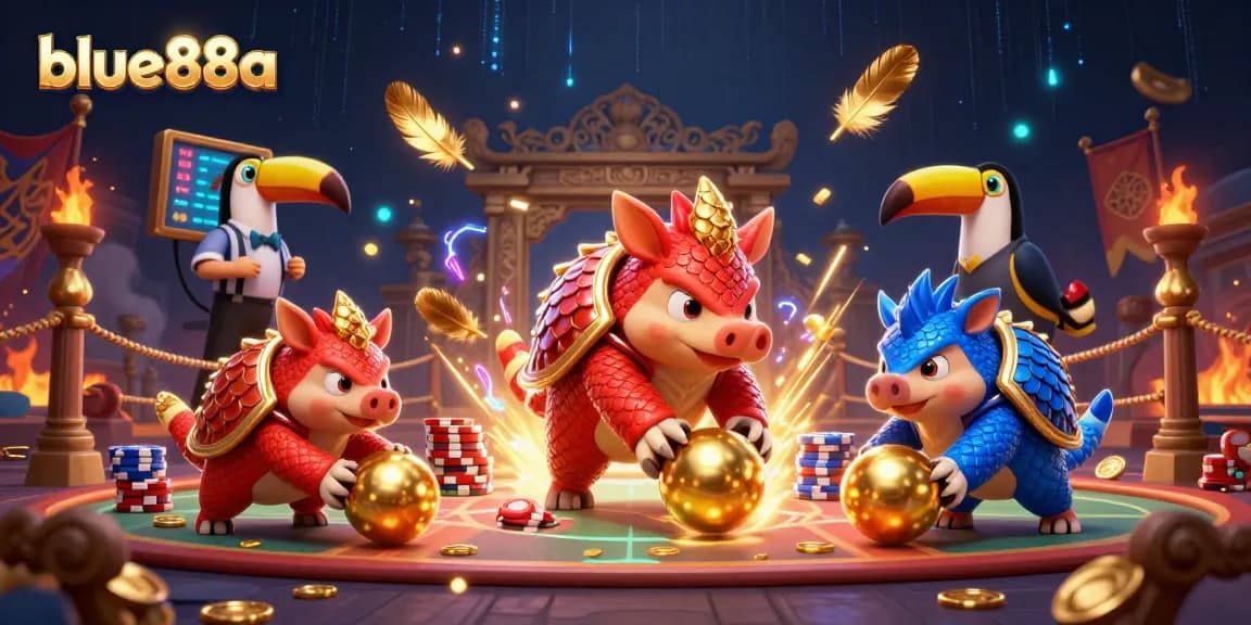 Experience thrilling gameplay with blue88a as rival pangolins roll into poker chip stacks, led by a toucan referee.