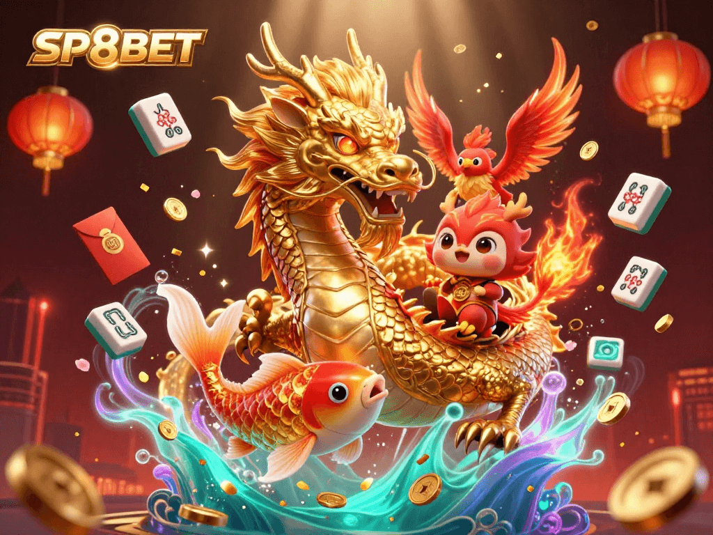 Engage with SP8BET's vibrant online casino featuring a golden dragon, phoenix, and koi amidst festive gambling elements.
