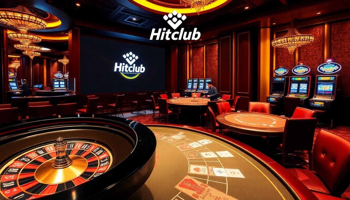 Experience the thrill of gambling at Hitclub with an exciting poker table and vibrant slot machines.