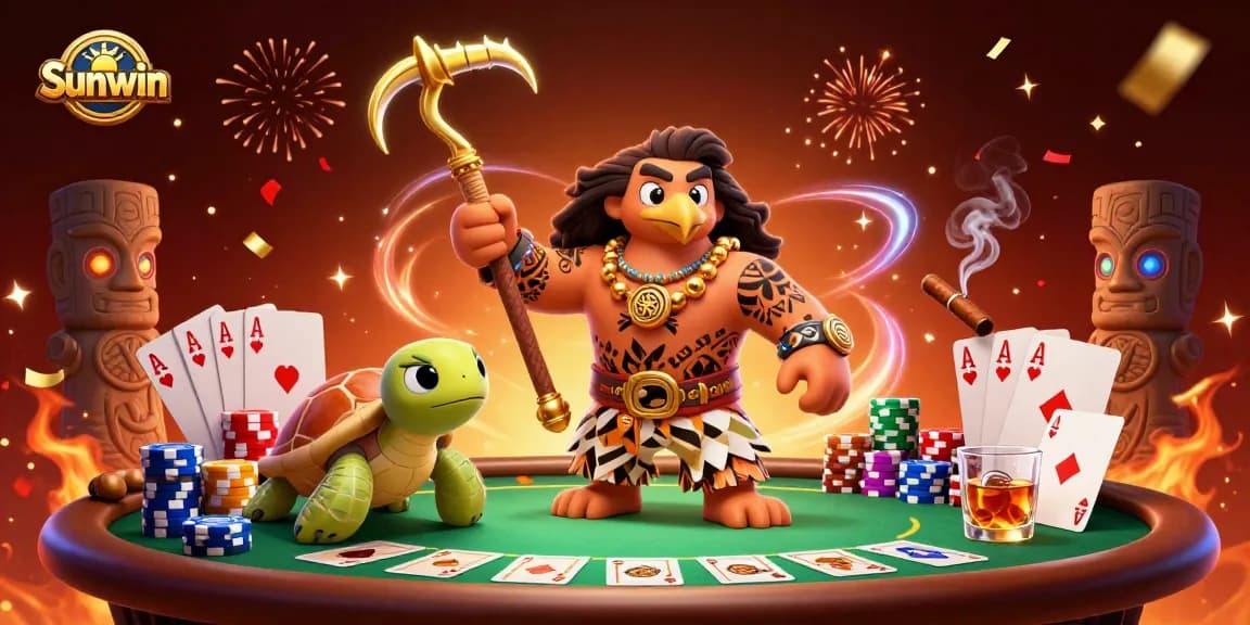Engage in poker at Sunwin with a vibrant 3D scene featuring a demigod hawk and turtle.