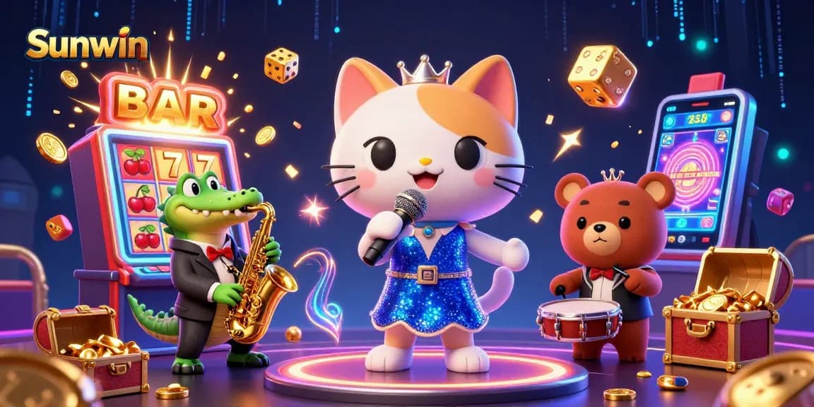 Experience the thrill of Sunwin with a vibrant 3D casino scene showcasing exciting games and characters.