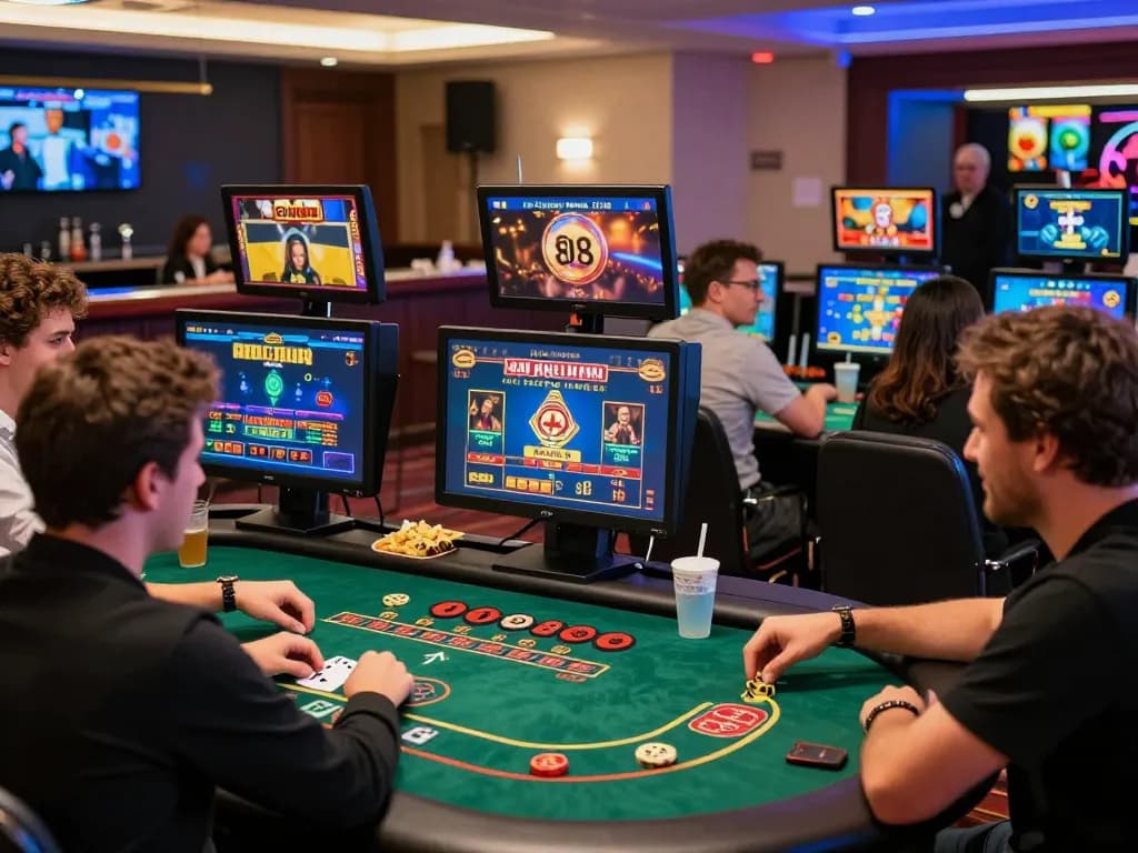 Players enjoying diverse games at 789club online casino, celebrating wins in a vibrant setting.