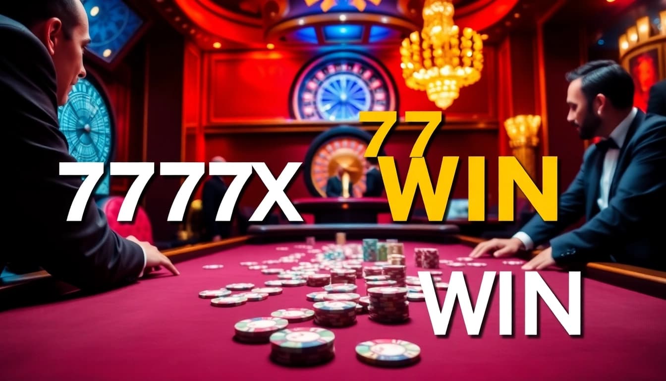 Experience the excitement of a 777X win at a high-stakes poker game amidst luxury casino vibes.