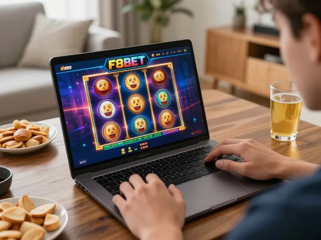 Player enjoying F8BET online casino gaming with vibrant slot visuals in a cozy home setting.