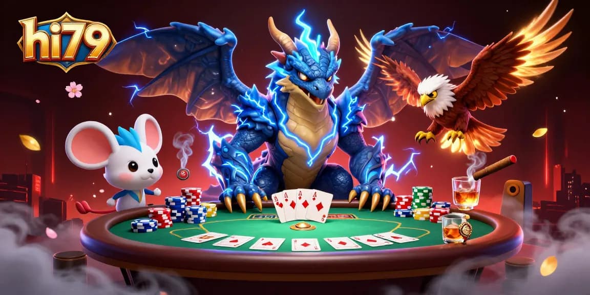 Experience the excitement of hi79 gaming with a vivid poker scene featuring mythical characters and vibrant elements.