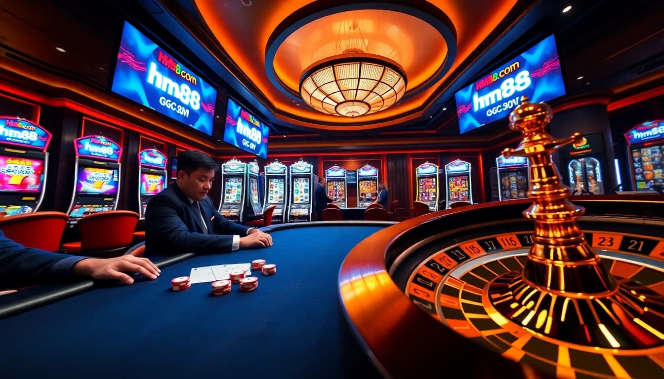 Professional players placing strategic bets on hm88.com poker table with vibrant casino chips