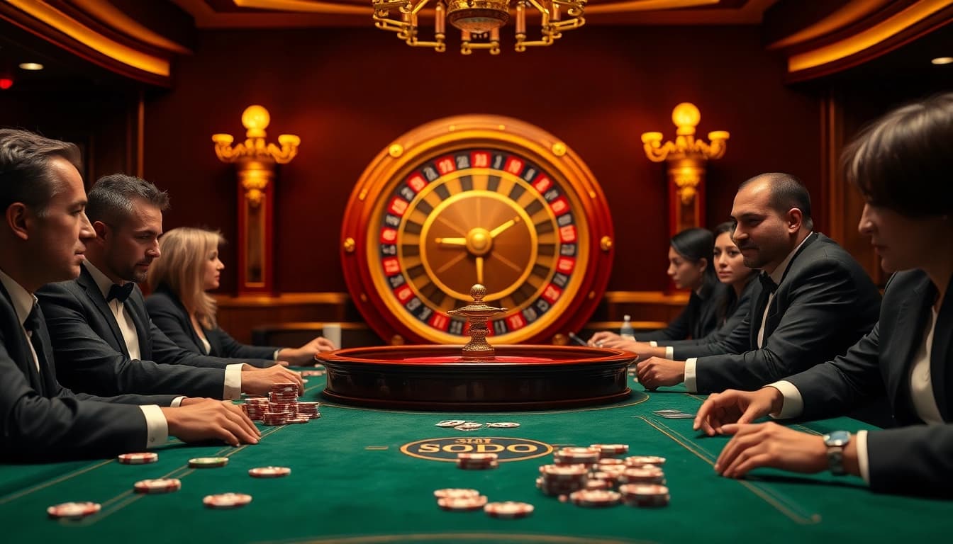 Players enjoying an exciting poker game at SODO CASINO with elegant decor and vibrant atmosphere.