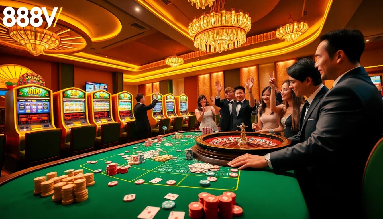Players enjoying a thrilling gaming experience at 888VND casino, featuring poker, roulette, and slot machines.