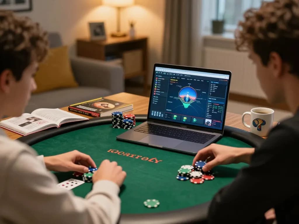 Engaging online poker gameplay with lucky88a on laptop, showcasing strategic decision-making and comfortable environment