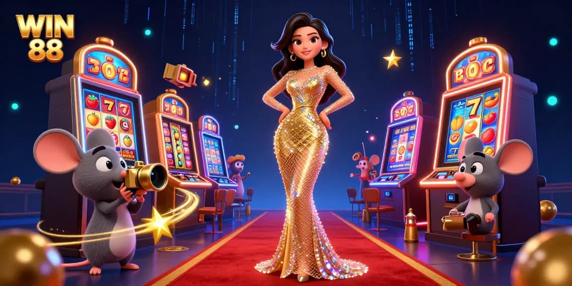 Play exciting games at WIN 88, featuring vibrant slot machines and glamorous characters in a dazzling casino scene.