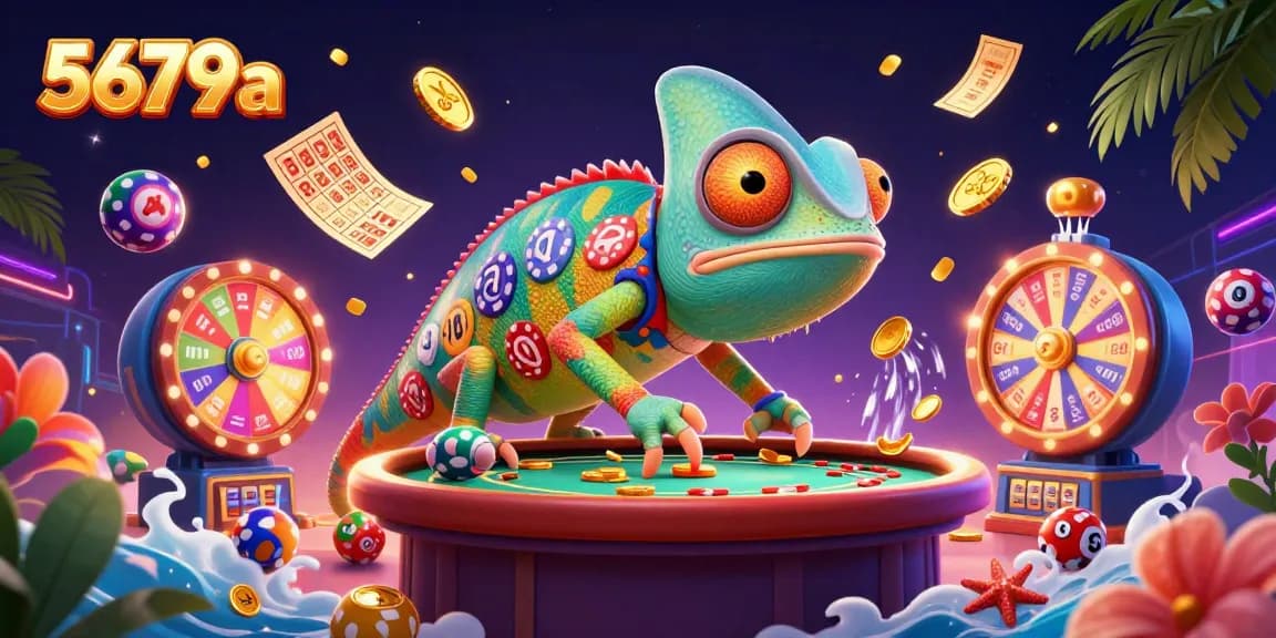 Engage with a vibrant casino scene featuring 5679a's lively chameleon character amidst various lottery elements.