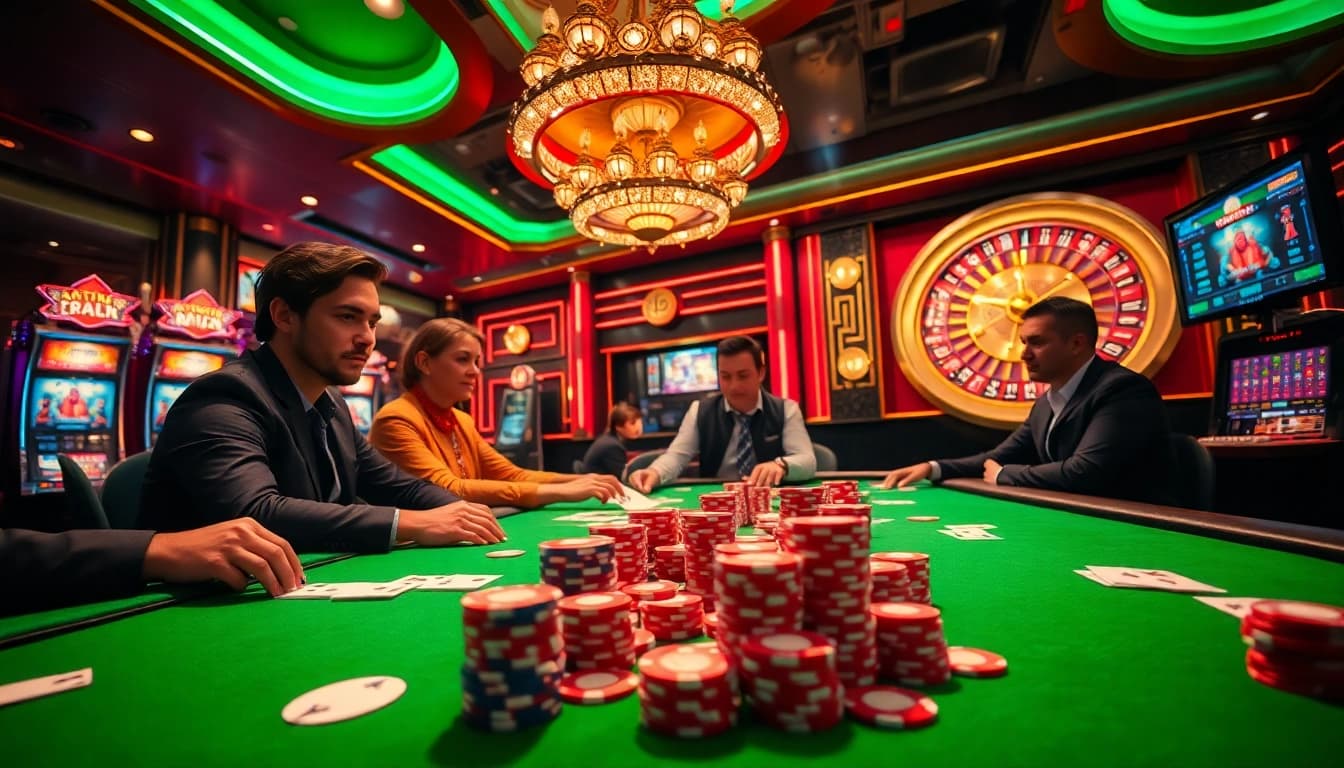 Players enjoying a thrilling game of poker at the luxurious ee 88 casino, with vibrant chips and cards on the table.