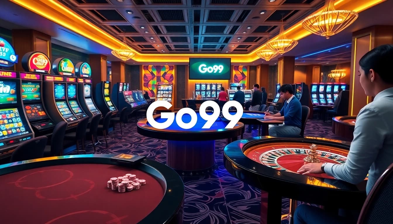 Go99 online casino gaming scene with vibrant slot machines and poker tables.