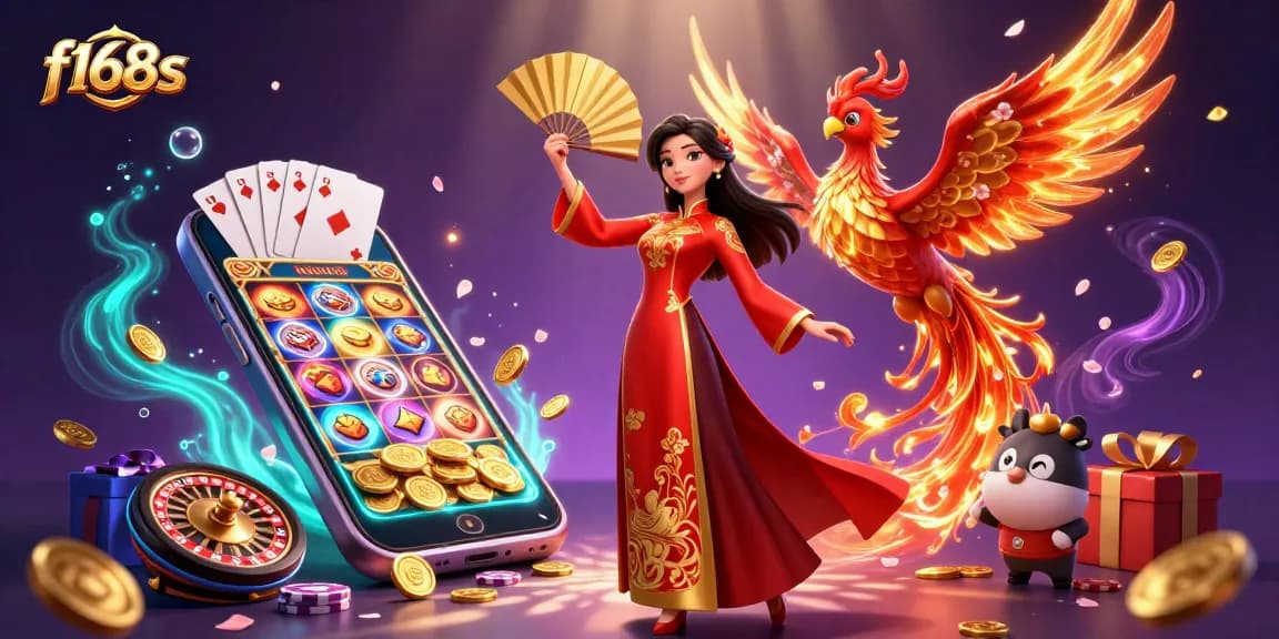 Spin the reels at f168s with a vibrant 3D illustration of casino elements showcasing dynamic games and rich visuals.