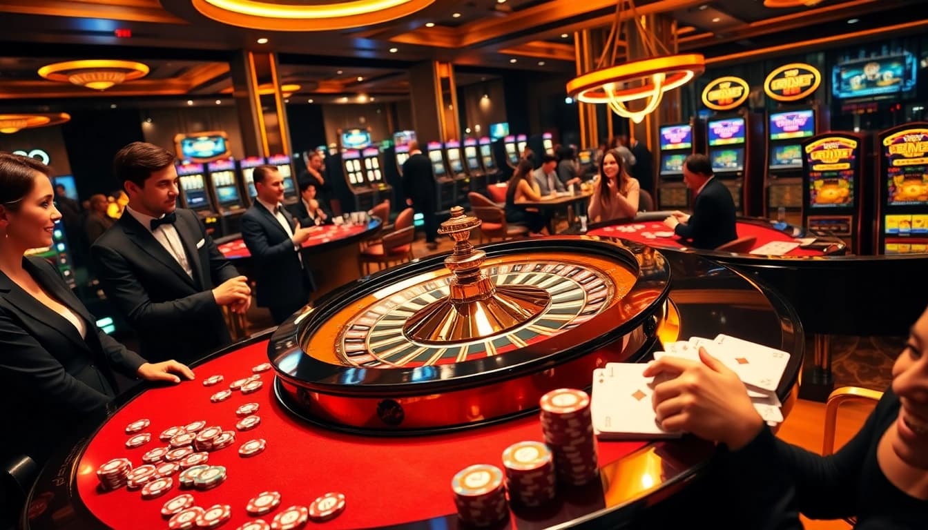 Players enjoying a thrilling game at HM88 casino with luxurious tables and vibrant chips.
