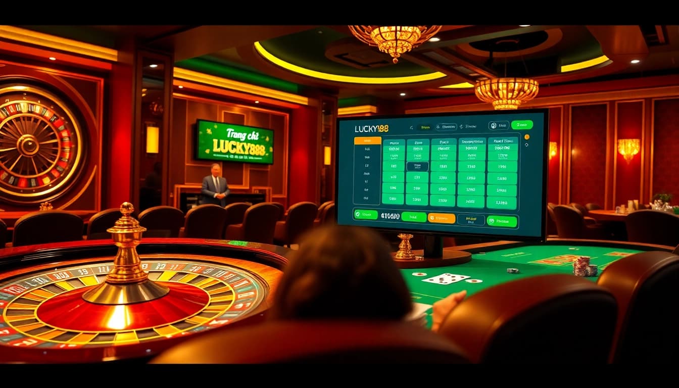 Engaging scene of 'Trang chủ LUCKY88' with casino elements, showcasing excitement and professionalism in online gambling.