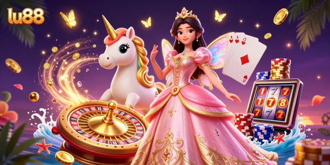 Spin and win at lu88 with an enchanting unicorn and glamorous fairy-tale character amidst vibrant casino elements.
