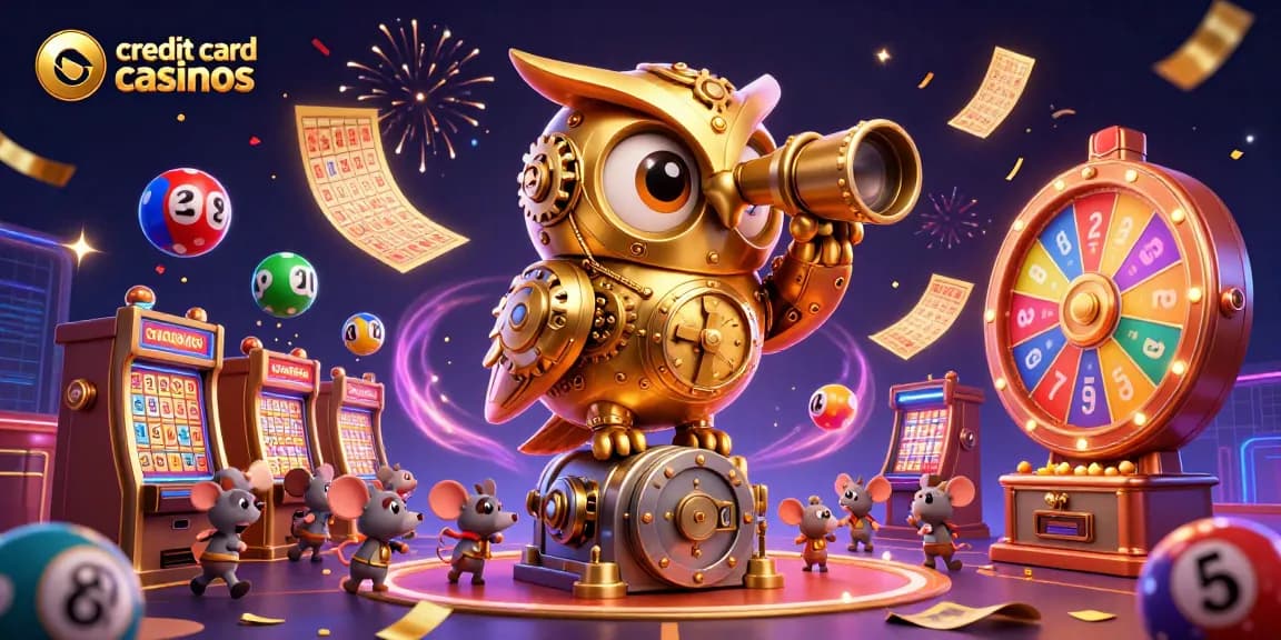 Exciting scene of credit card casinos with energetic elements, colorful characters, and vibrant celebration effects.