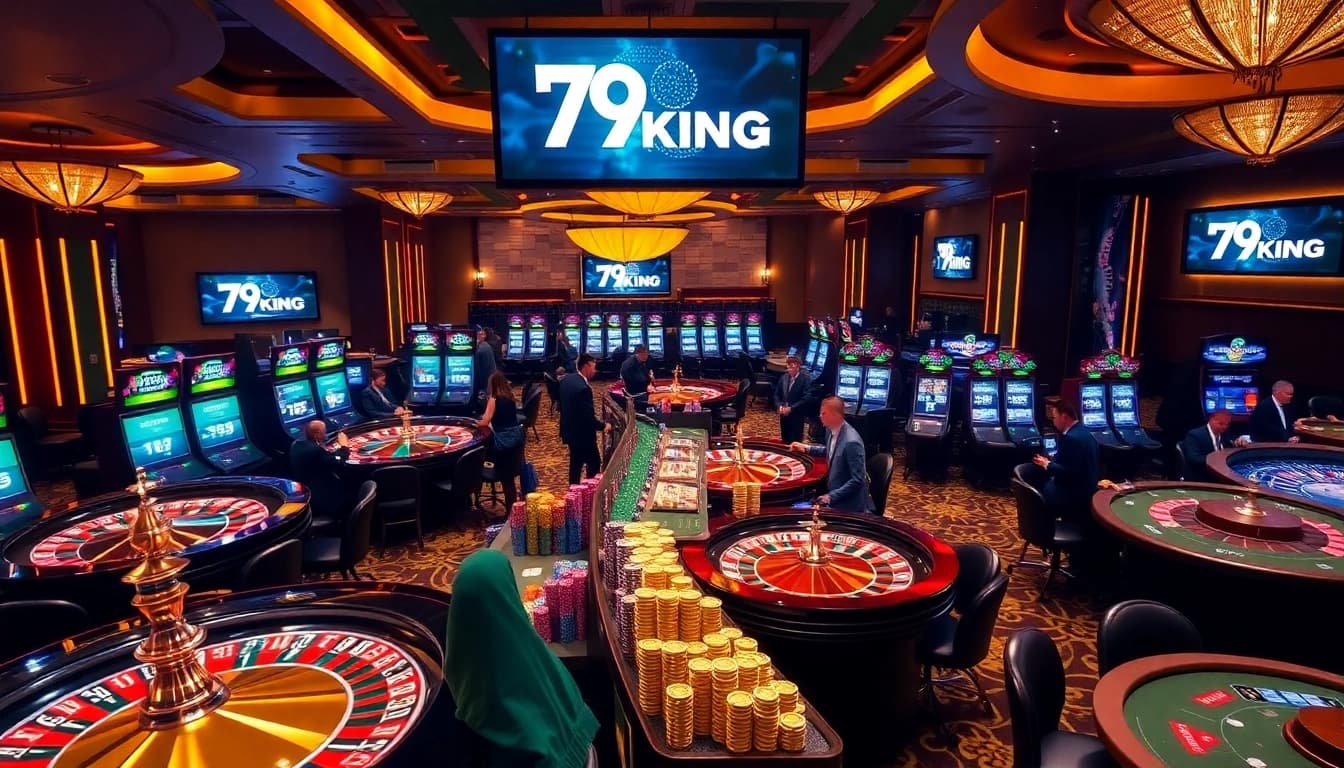 Visualize an engaging scene of 79KING casino with roulette, poker chips, and players betting.