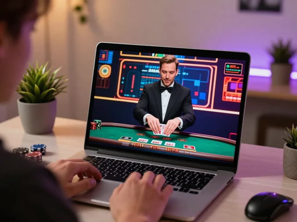 Player enjoying live dealer game at 88คลับ online casino, immersed in blackjack action with cozy home setting.