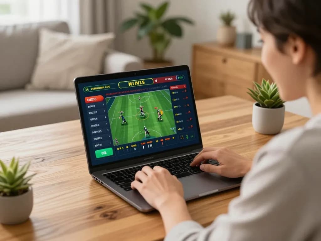 Usbet user interacting with online betting interface in a cozy home setup.